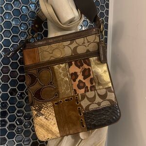 Coach Purse Animal Print Patchwork Shoulder Bag Swingpack Brown Crossbody.